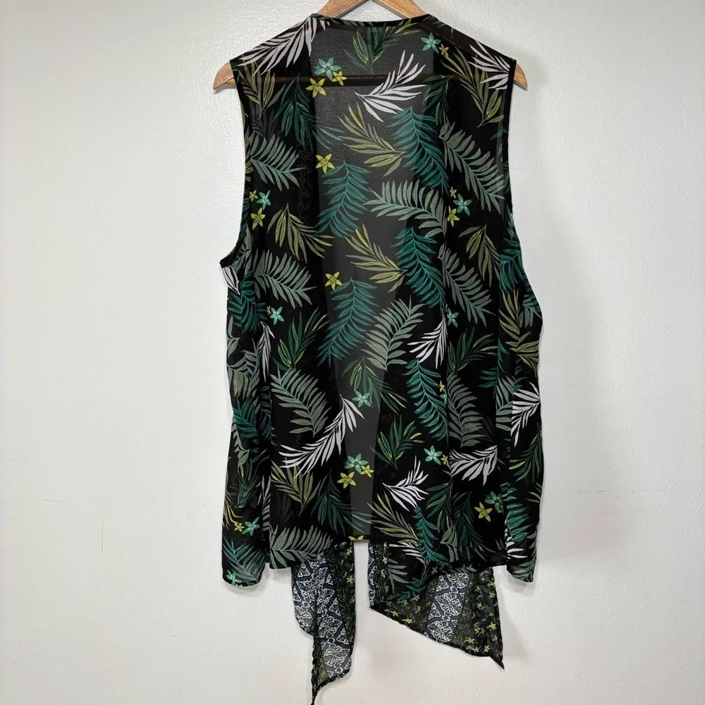 Terra & Sky Green Black Tropical Print Sheer Cover Up Size 1X